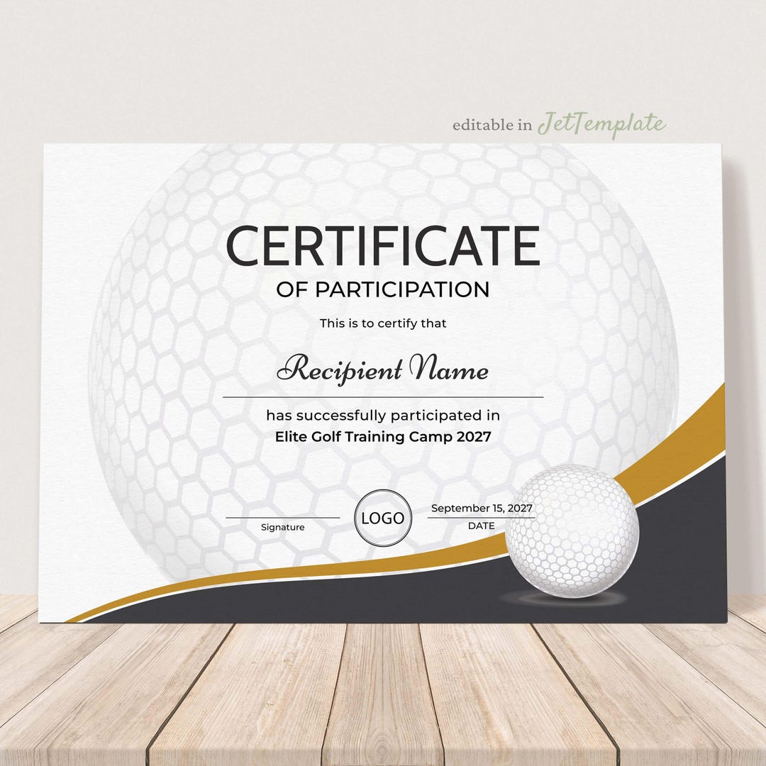 EDITABLE Golf Certificate Template, Sports Certificate Award