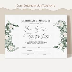 Plantilla de certificado de boda con motivos vegetales, recuerdo de boda imprimible y editable, matrimonio, compromiso, renovación de votos, descarga digital DIY Jet W004