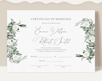 Greenery Wedding Certificate Template, Editable Printable Wedding Keepsake, Marriage, Commitment, Vow Renewal DIY Digital Download Jet W004