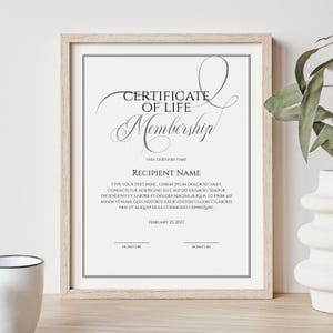 Editable Life Membership Certificate Template, Printable Elegant Certificate of Life Membership, Minimalist Design, Digital Download, Jet043