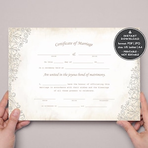 Romantische Vintage Heiratsurkunde, druckbare Hochzeit Urkunde Vorlage Elegante Hochzeit Digitaler Download DIY Hochzeits-Andenken 398