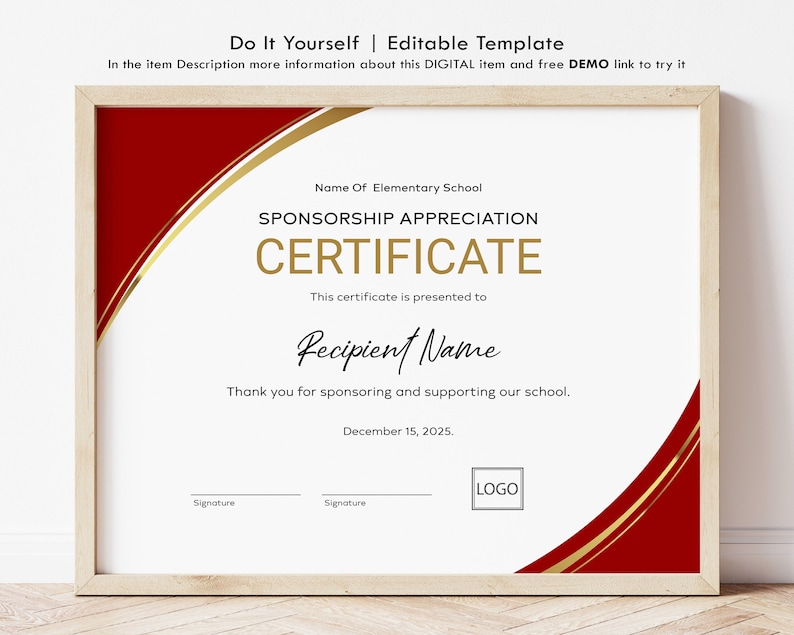 Appreciation Certificate Template, School Sponsorship Certificate, EDITABLE Certificate of Appreciation, Gift Certificate Download, Jet149 image 1
