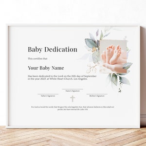 Plantilla editable de certificado de dedicación de bebé, presentación para bebé, certificado de bautizo con vegetación, descarga Jet350
