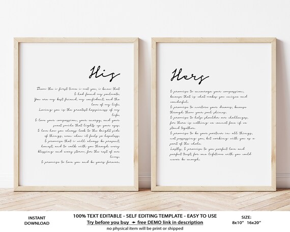 His and Hers Wedding Vows Wall Art Print Template Custom | Etsy