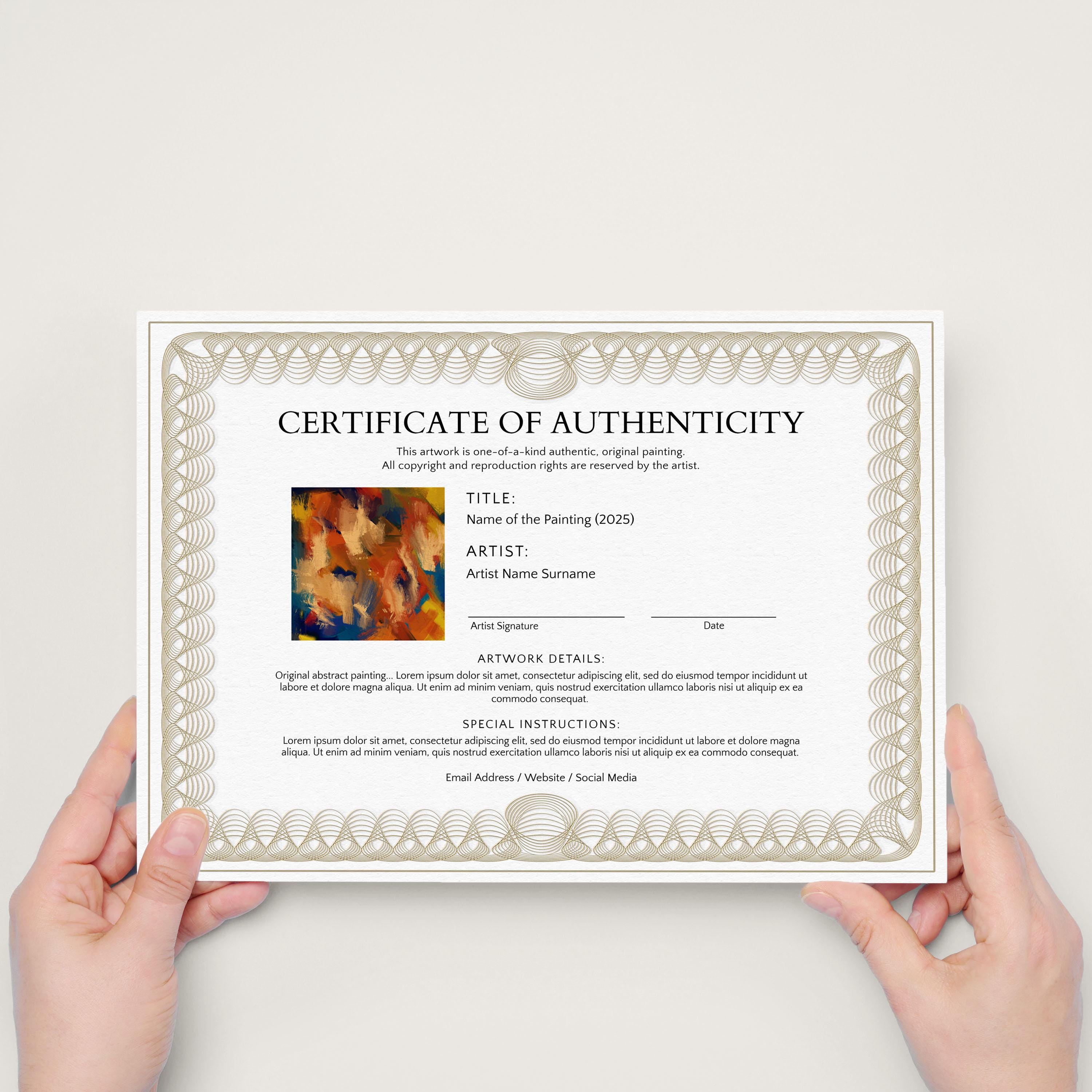 Editable Certificate of Authenticity for Artwork, Authenticity