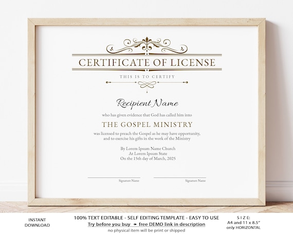 Editable License to Preach Template Printable Certificate of - Etsy
