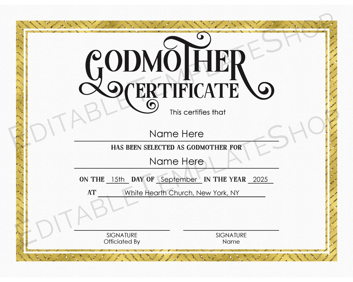Editable Godmother Certificate Template Printable Baptism | Etsy