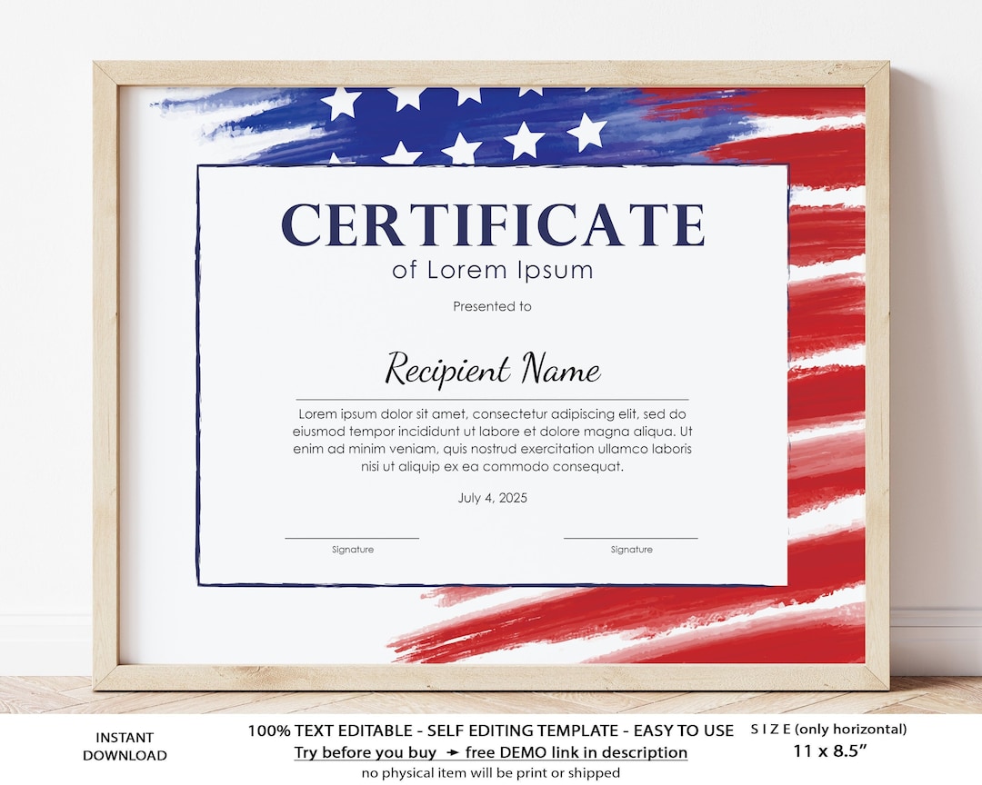 Editable Certificate Template American Flag Independence Day Etsy