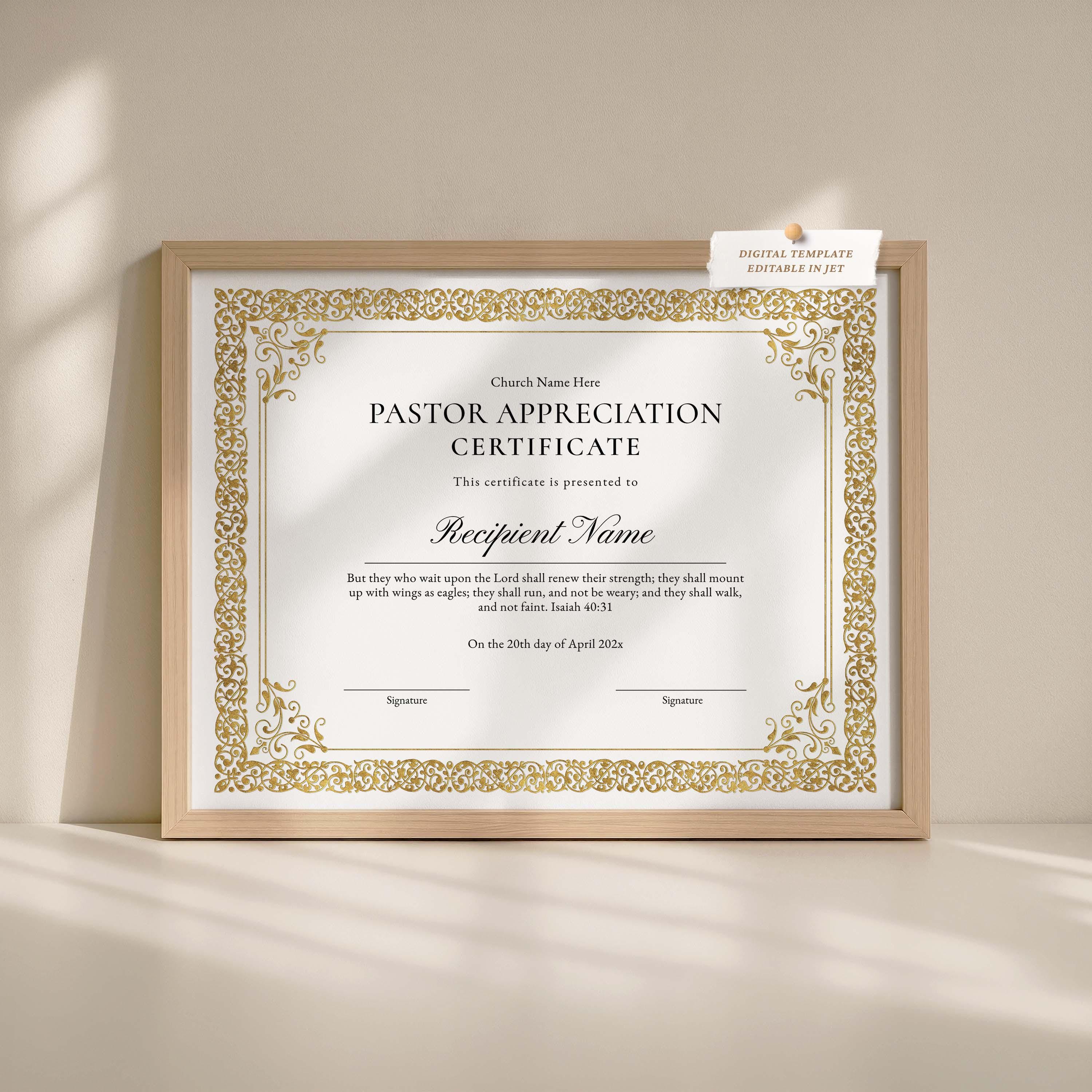 Pastor Appreciation Certificate Template, Editable Certificate of ...