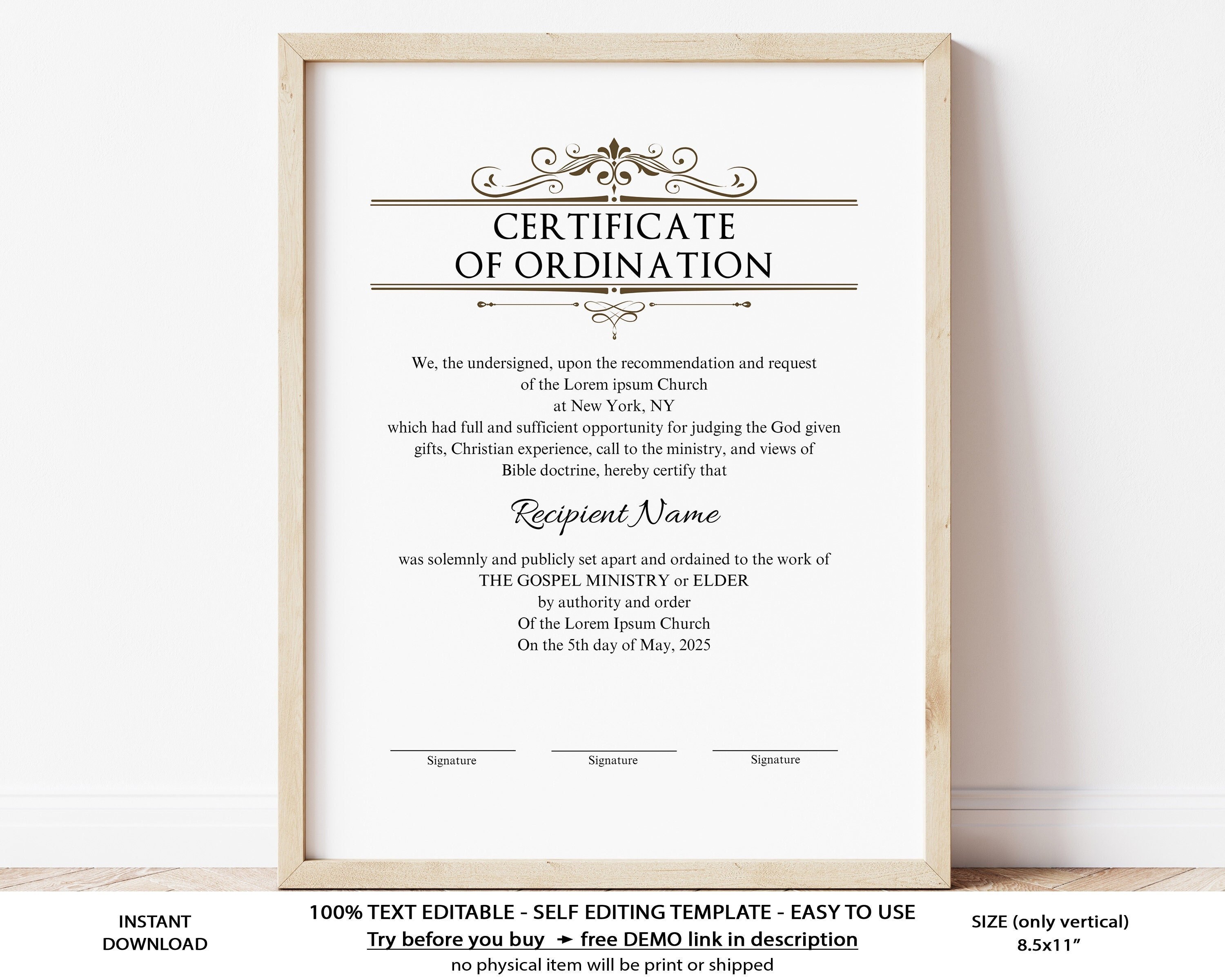 Editable Ordination Elder Certificate Template Printable  Etsy In Certificate Of Ordination Template