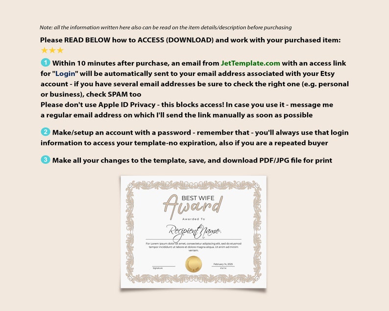 Best Wife Certificate Award Template Editable Printable Best - Etsy