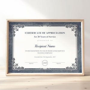 Editable Years of Service Certificate of Appreciation Template, Printable Corporate Employee Award Elegant Gift Certificate  Download Jet188