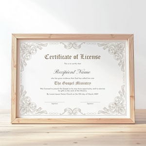 Editable Certificate of License to Preach Template, Minister&#39;s License Elegant Certificate of Ordination Template Digital Download Jet187