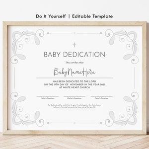 Plantilla de certificado de dedicación, certificado de dedicación editable, bendición de bebé, plantilla de bautizo, descarga digital 137