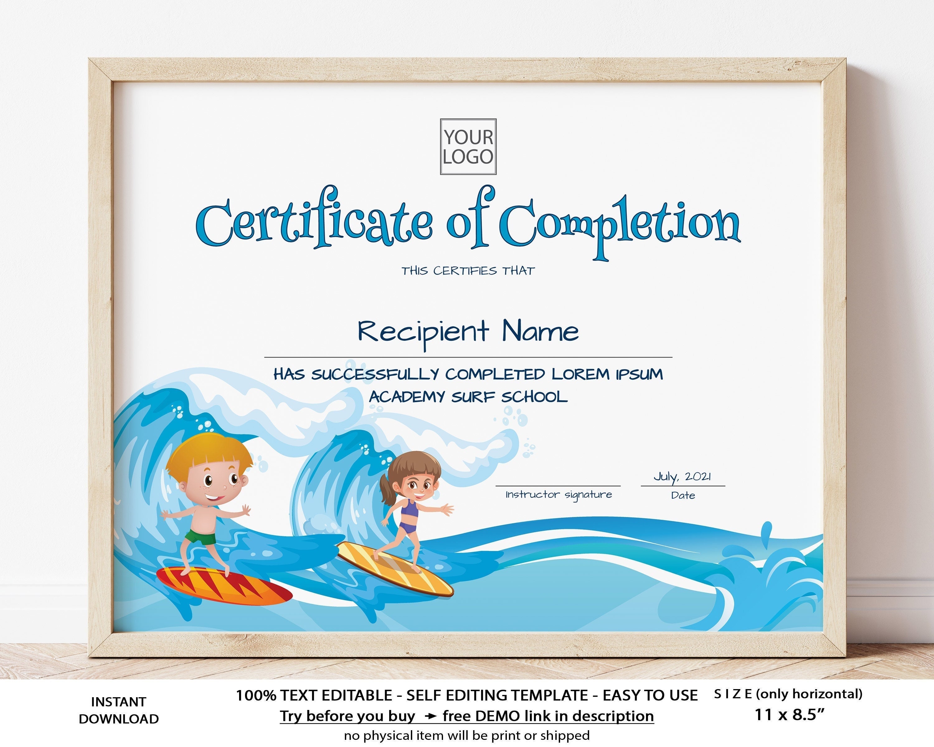 EDITABLE Surf Certificate Template Surf School Award Etsy UK