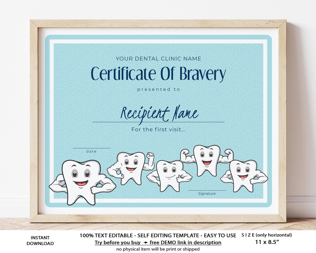 Editable Dentist Certificate of Bravery Kids Certificate Etsy Canada