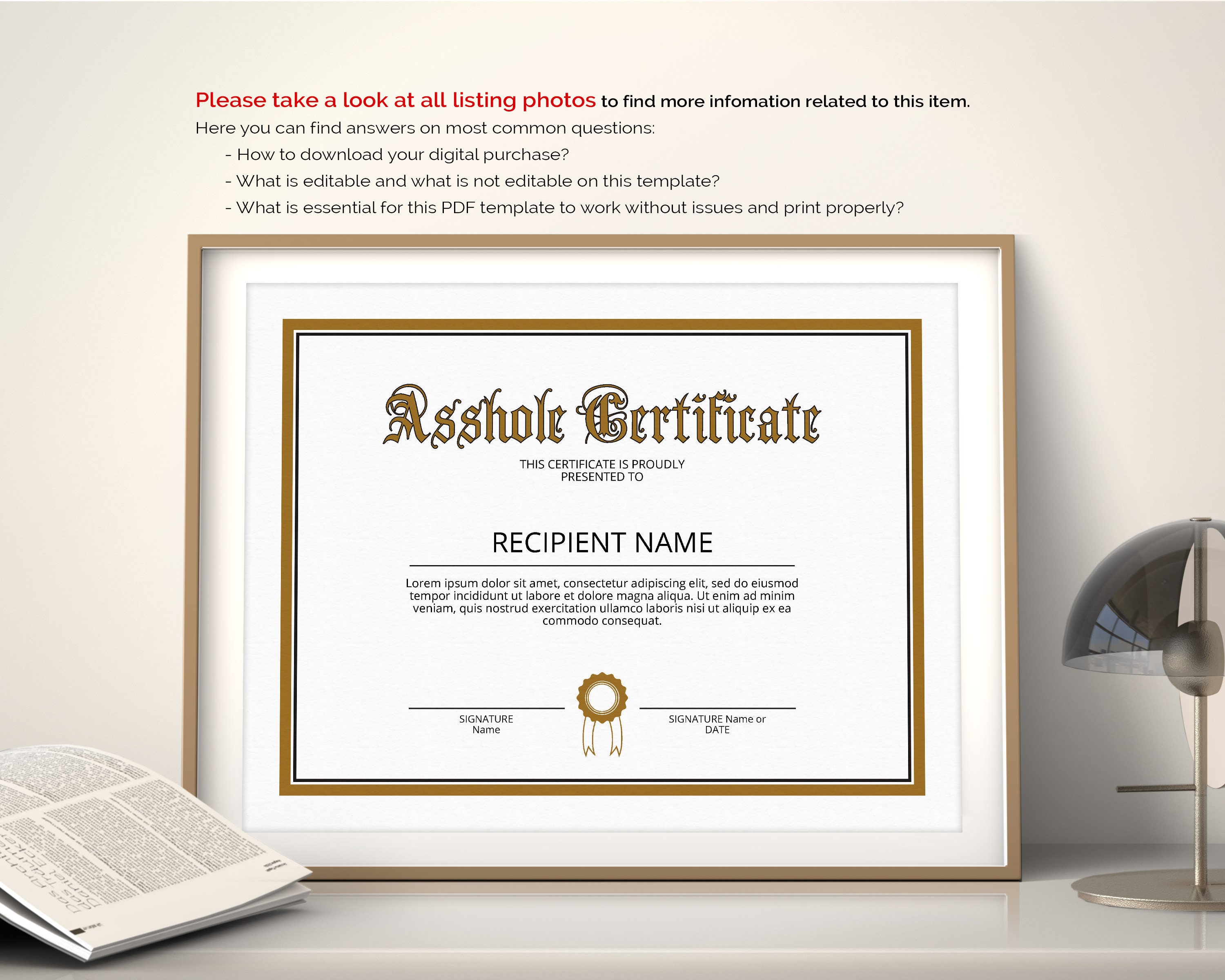 Editable Asshole Certificate Template, Printable Certificate Template,  Funny Certificates, Gift Certificate, Asshole Award, Instant Download Inside Funny Certificate Templates