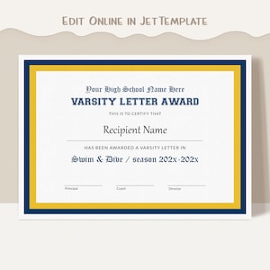 EDITABLE Varsity Letter Award Template, Swim & Dive Template JV Junior Varsity Achievement Sports Certificate Awards Digital Download Jet055