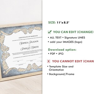 Dusty Blue Vintage Fairytale Wedding Certificate Template, Editable