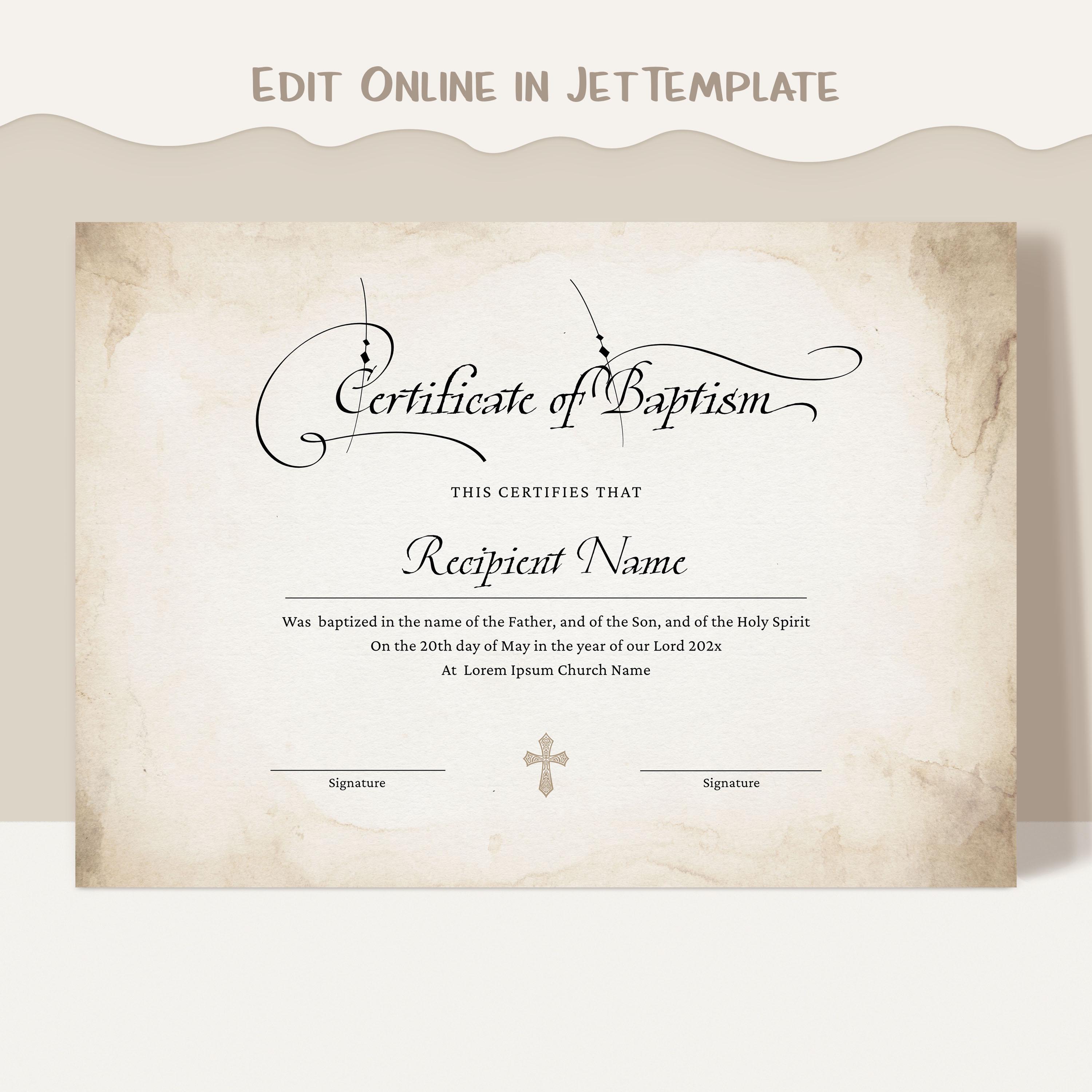 ヴィンテージ洗礼証明書テンプレート、編集可能な洗礼証明書、洗礼式