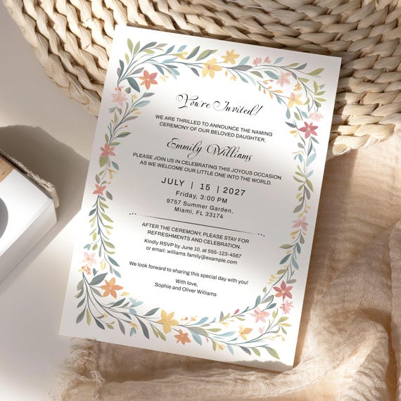 Baby Naming Ceremony Invitation Template Editable Printable Naming Ceremony Invite Naming Day Invitation Cute Floral Frame Download Jet376