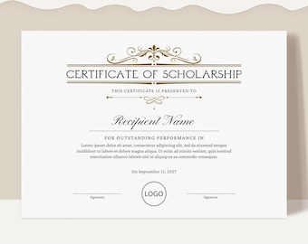 Printable Certificate of Scholarship, Logo EDITABLE Scholarship Award Certificate Template, Minimalist Certificate Instant Download, Jet021