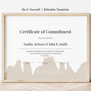 Certificado de compromiso editable con temática de Arizona, plantilla de certificado de boda de Arizona, certificado de recuerdo imprimible (descarga Jet119)