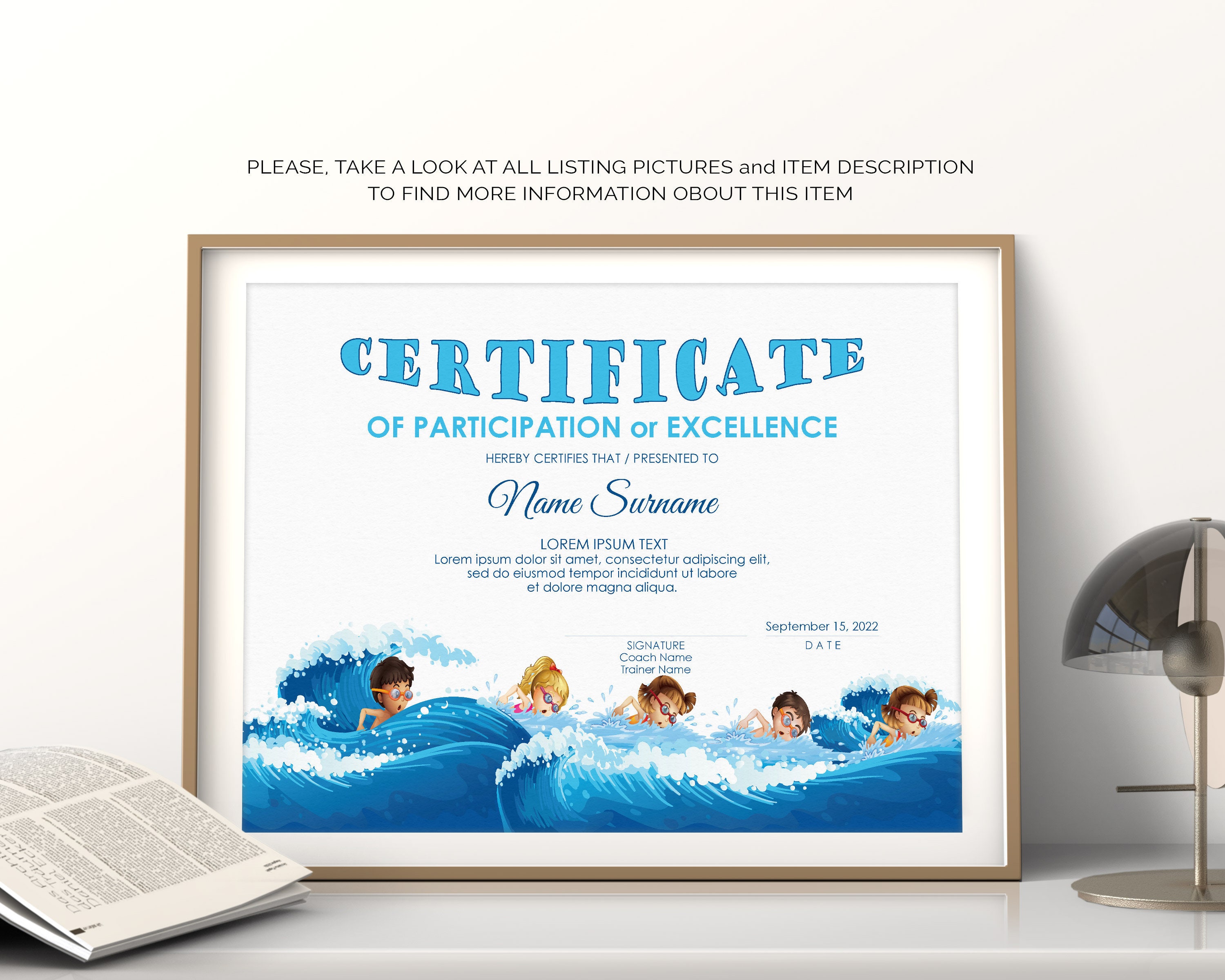 EDITABLE Swimming Certificate Template Sports Certificate  Etsy Pertaining To Swimming Award Certificate Template