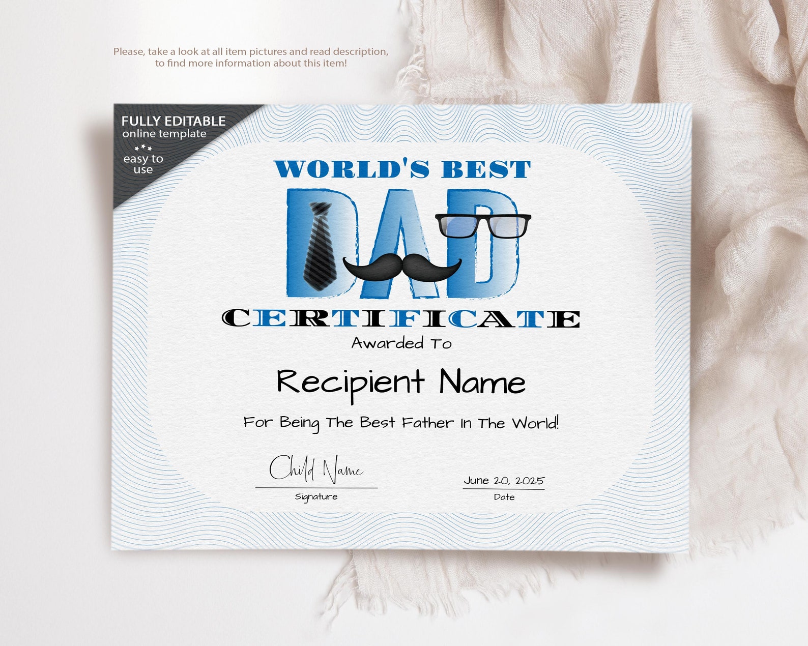 World's Best Dad Certificate Award Printable Father's Etsy