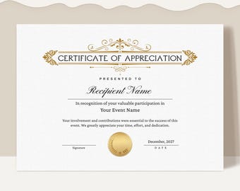 Editable Certificate of Appreciation, Printable Appreciation Certificate Template, Appreciation Gift Certificate Digital Download Jet150