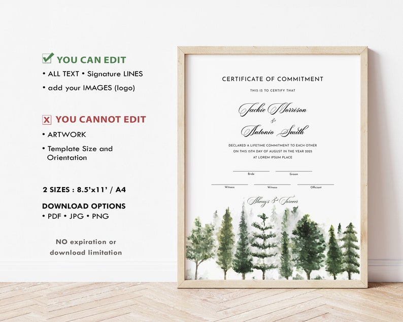 Verlobungszeremonie Zertifikat Vorlage, bearbeitbare Verlobungsurkunde, Aquarell Natur Holz Bäume, Hochzeitsgeschenk Download Jet211 Bild 3