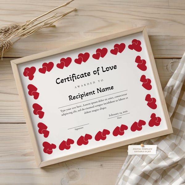 Szablon certyfikatu miłości, prezent walentynkowy dla niego lub dla niej, EDYTOWALNY certyfikat miłości, Pobierz spersonalizowany prezent na ostatnią chwilę, Jet183