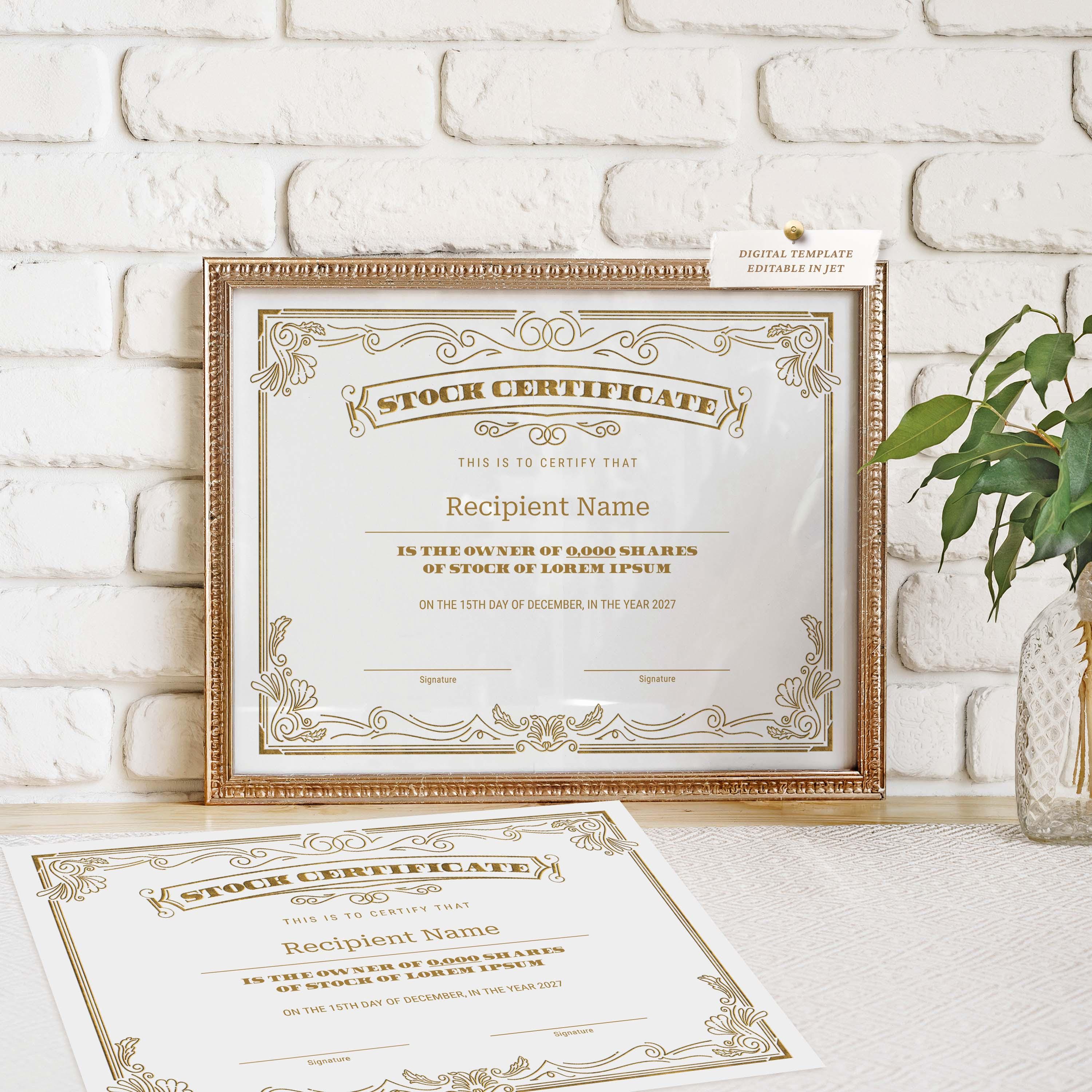 EDITABLE Stock Certificate Template, Printable Certificate of Stock ...