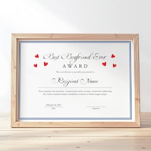 Valentines Day Gift for Him, Best Boyfriend Ever Award Certificate Template, Personalized Gift for Him, EDITABLE Certificate Download Jet183