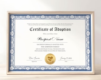 Modèle de certificat d&#39;adoption à notre famille, certificat d&#39;adoption modifiable belle-mère beau-père, cadeau d&#39;adoption, téléchargement Jet283