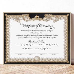 Plantilla editable de certificado de ordenación ministerial, certificado de ministerio de pastor ordenado (caligrafía clásica Jet355)