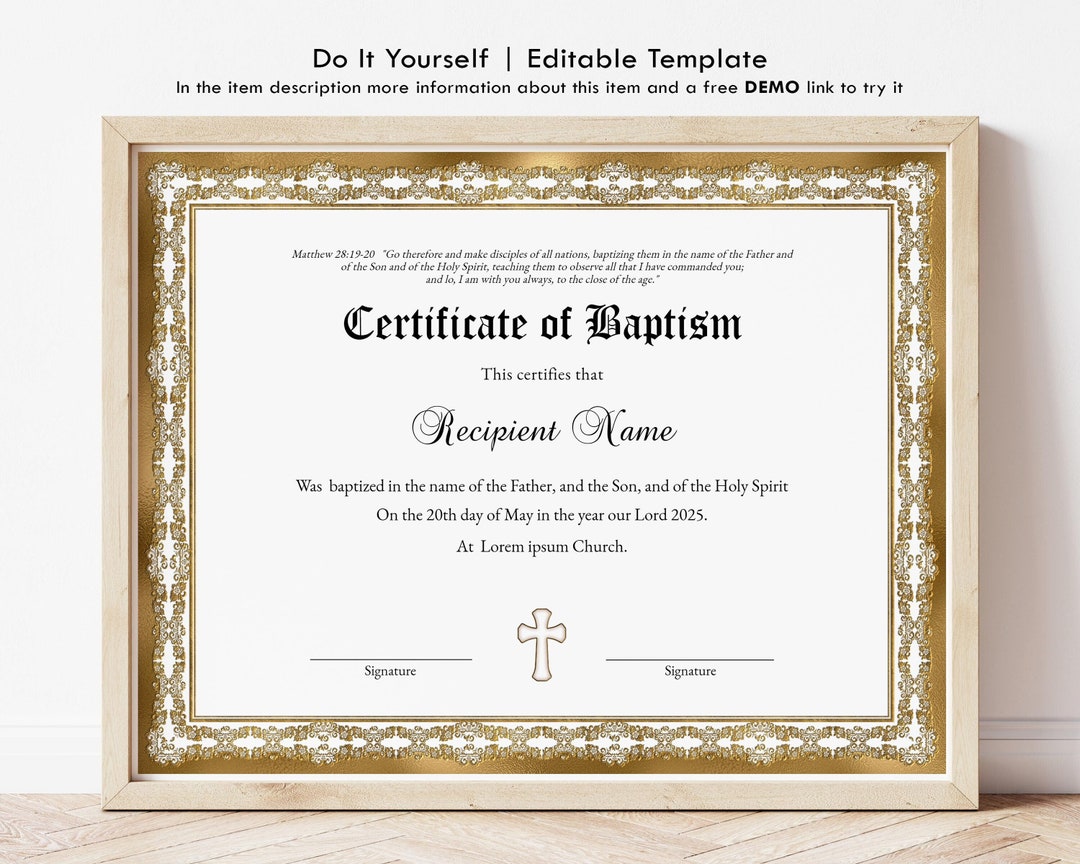 Baptism Certificate Template Editable Printable Christening Etsy
