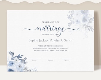 Dusty Blue Wedding Certificate Template, Printable Certificate of Marriage, Editable Marriage Certificate, Wedding Gift Download Jet274