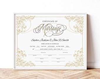 Modern Wedding Certificate Template, Editable Printable Certificate of Marriage, Marriage Keepsake, Wedding Gift Instant Download, Jet089