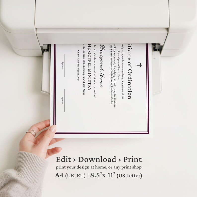 Certificate of Ordination, Gospel Ministry Certificate Template, Editable Printable Ordained Minister Minimalist Certificate Download Jet072 image 3