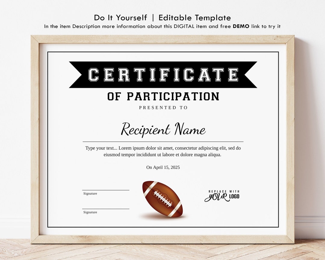 American Football Certificate Template, Editable Football Award