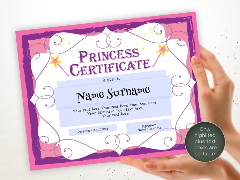Princess Certificate Template EDITABLE Certificate Template | Etsy