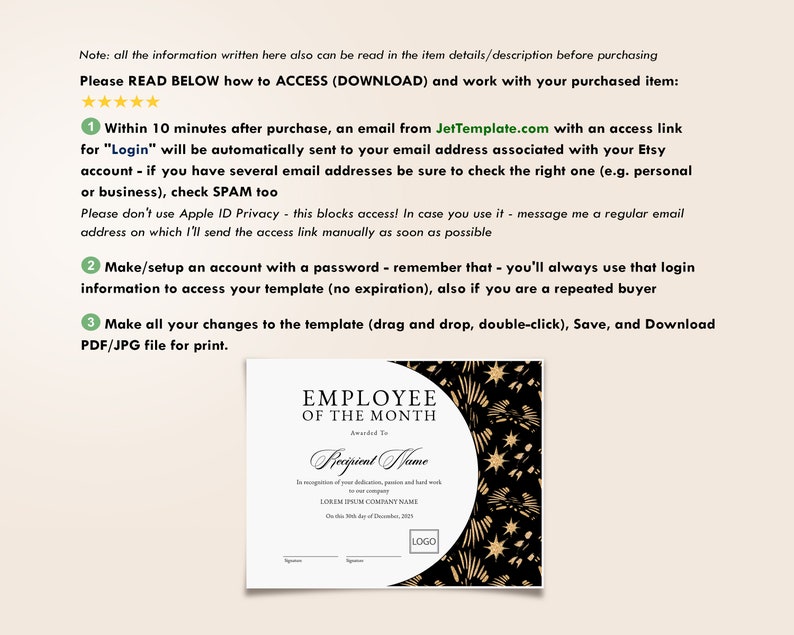 Printable Employee of the Month EDITABLE Template Employee - Etsy