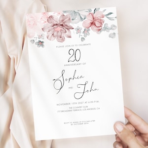Editable Wedding Anniversary Flower Invitation Template, Printable Party Invite, 20th 25th 30th 40th 50th Anniversary DIY Download Jet155
