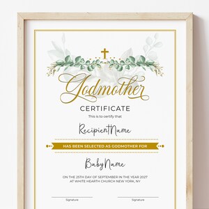 Plantilla editable de certificado de regalo para padrinos y madrinas, certificado de recuerdo de bautizo para padrinos, descarga digital 107