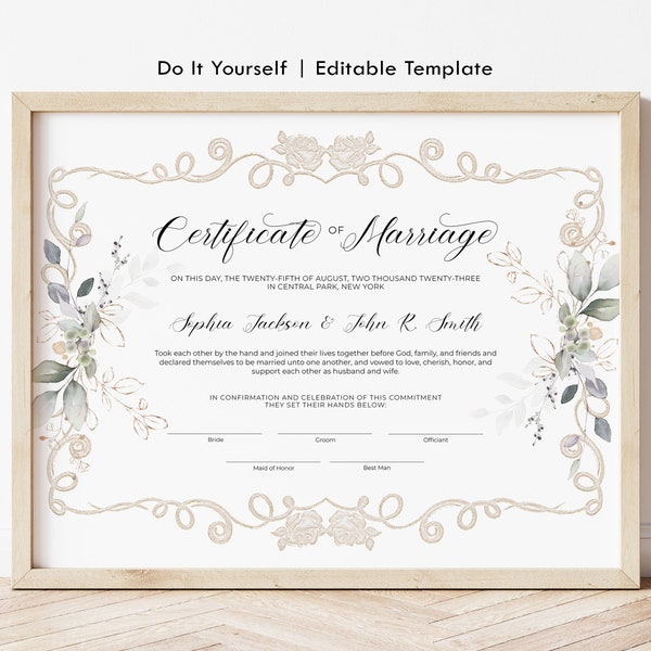 Editable Wedding Certificate Template, Marriage Keepsake Certificate, Marriage Ceremony Custom Gift Certificate Digital Download 150