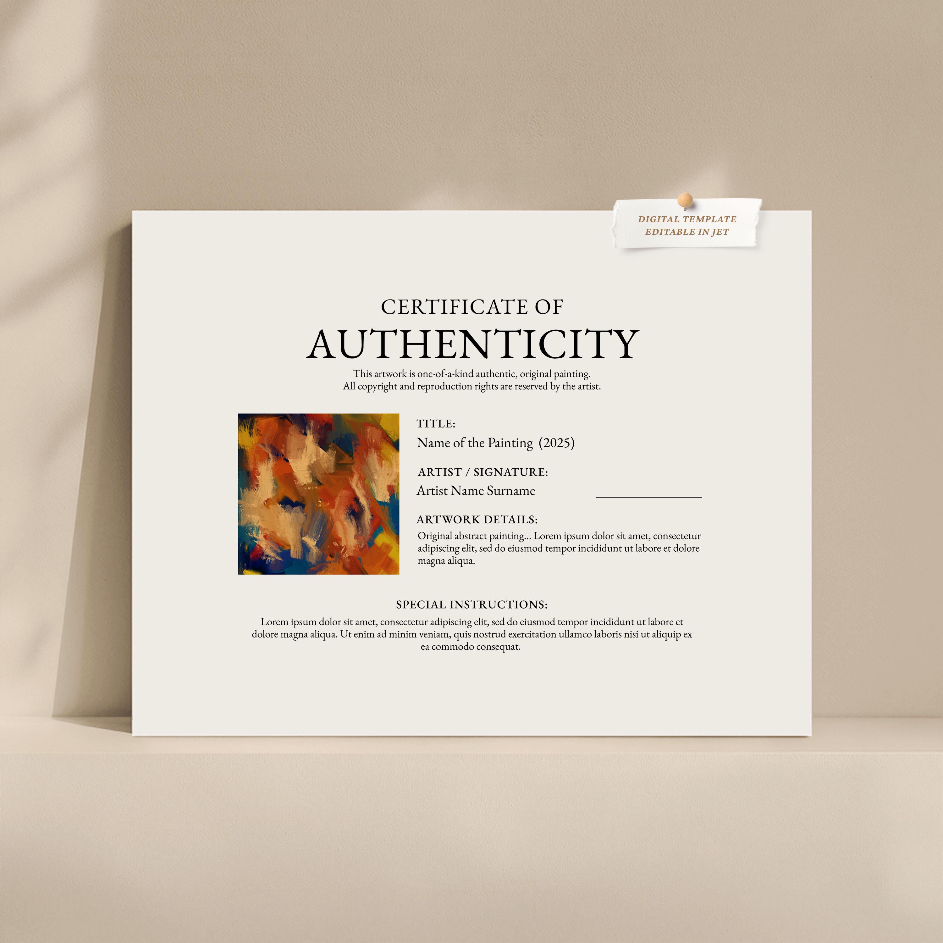 鯰江光二　CERTIFICATE OF AUTHENTICITY Editable Authenticity Certificate Template, COA Photo Template for