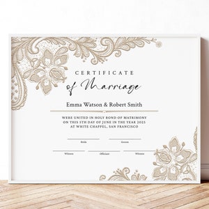 Hochzeitszertifikat Vorlage, Heiratsandenken Zertifikat Verlängerung des Gelübdes, Beige Spitze, DIY bearbeitbares Zertifikat Download Jet026