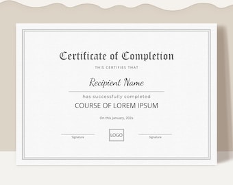 Certificate of Completion Template, Editable Training Certificate Template, Printable Course Completion Certificate Instant Download, Jet017