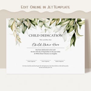 Plantilla de certificado de dedicación infantil con diseño de vegetación, certificado de bautizo imprimible y editable, descarga Jet261